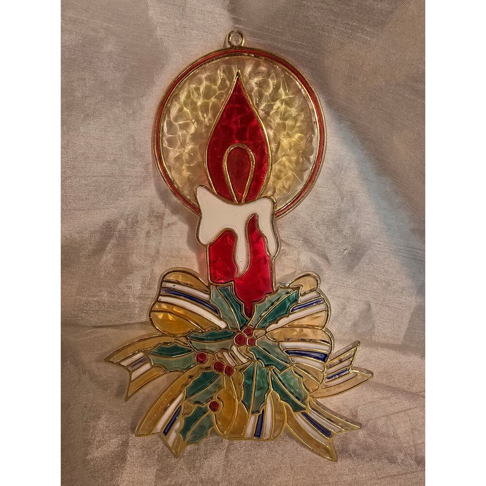 Vintage Christmas Suncatcher Candles Plastic Stained Glass Ornament